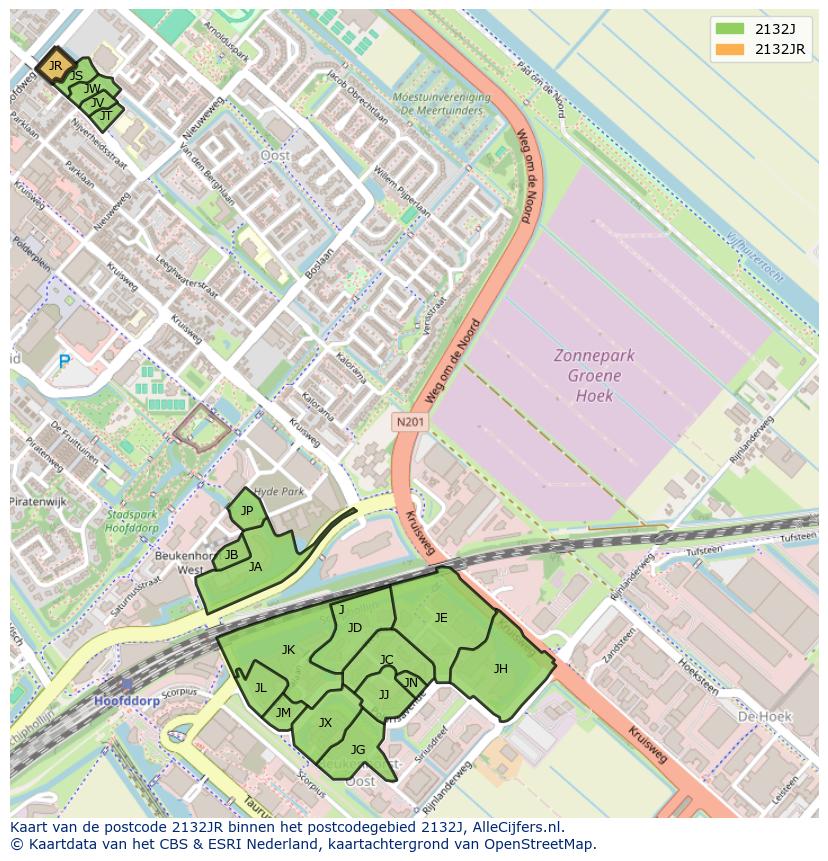 Afbeelding van het postcodegebied 2132 JR op de kaart.