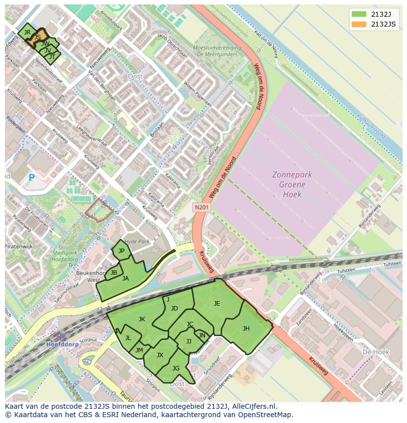 Afbeelding van het postcodegebied 2132 JS op de kaart.