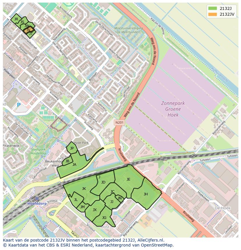 Afbeelding van het postcodegebied 2132 JV op de kaart.