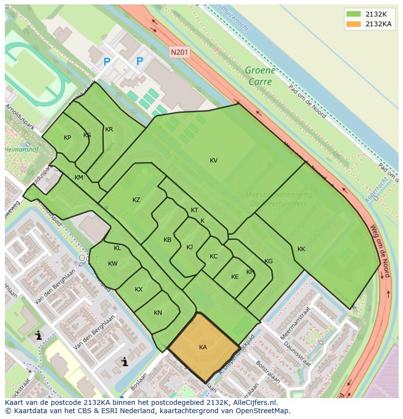 Afbeelding van het postcodegebied 2132 KA op de kaart.
