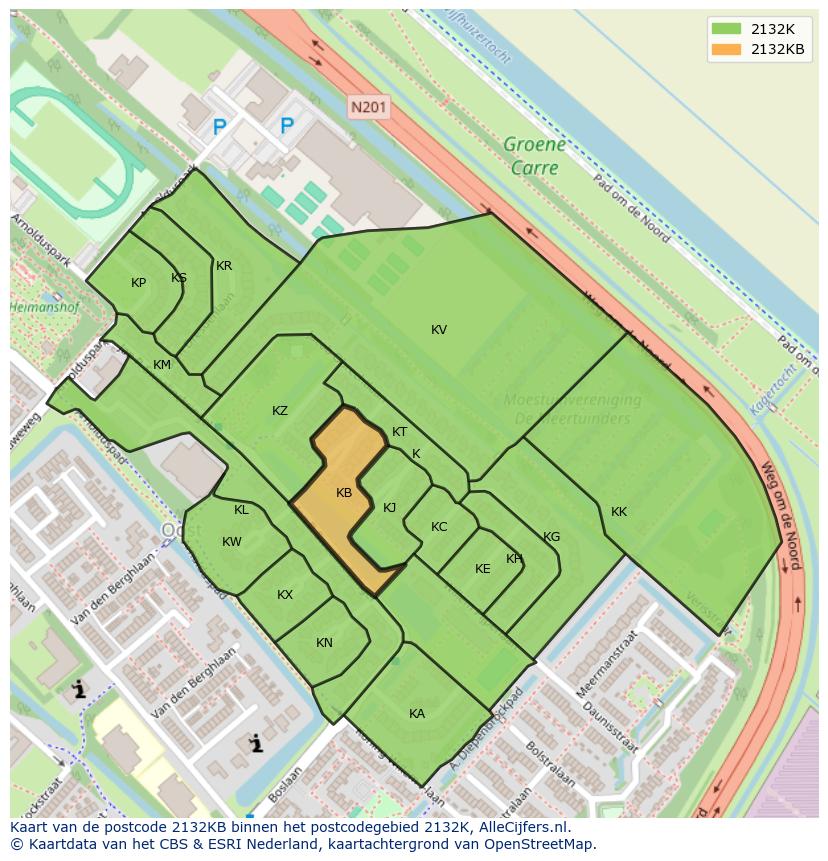 Afbeelding van het postcodegebied 2132 KB op de kaart.