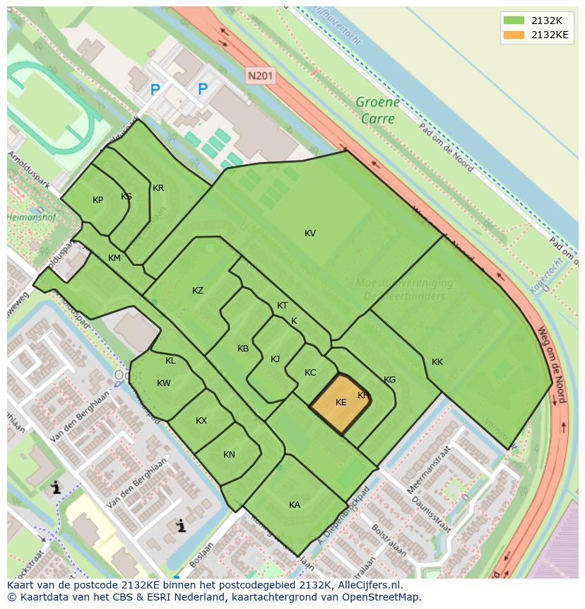 Afbeelding van het postcodegebied 2132 KE op de kaart.