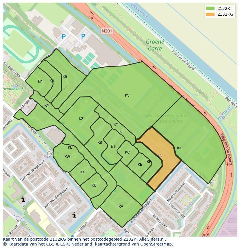 Afbeelding van het postcodegebied 2132 KG op de kaart.