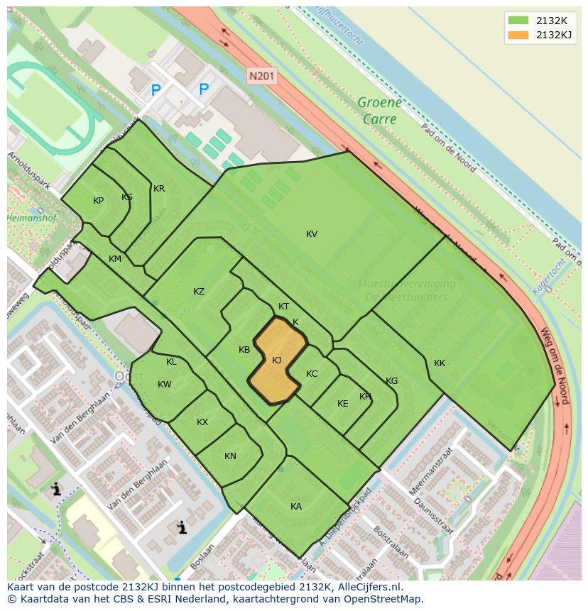 Afbeelding van het postcodegebied 2132 KJ op de kaart.