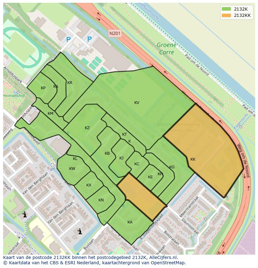 Afbeelding van het postcodegebied 2132 KK op de kaart.