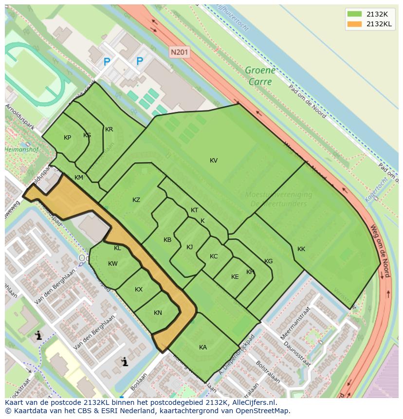 Afbeelding van het postcodegebied 2132 KL op de kaart.