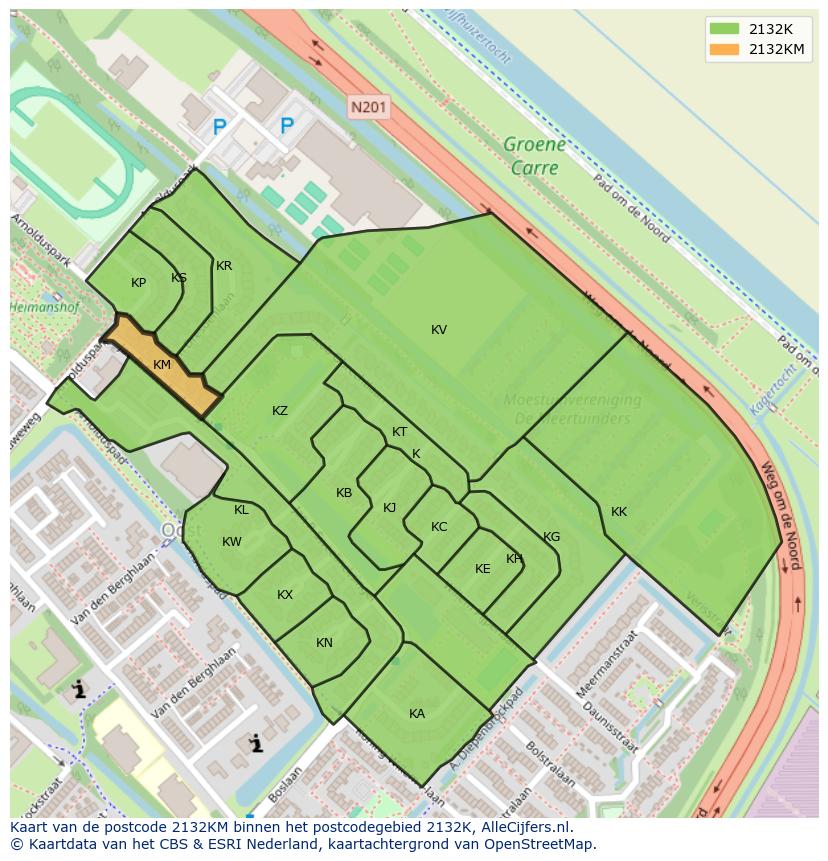 Afbeelding van het postcodegebied 2132 KM op de kaart.
