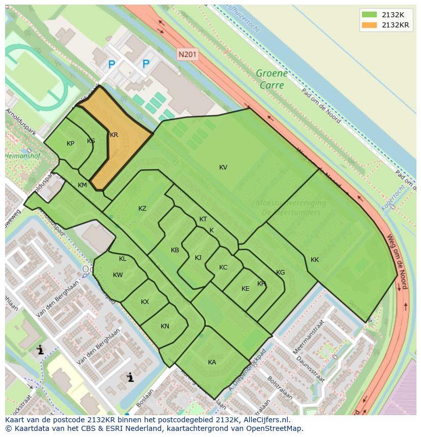 Afbeelding van het postcodegebied 2132 KR op de kaart.