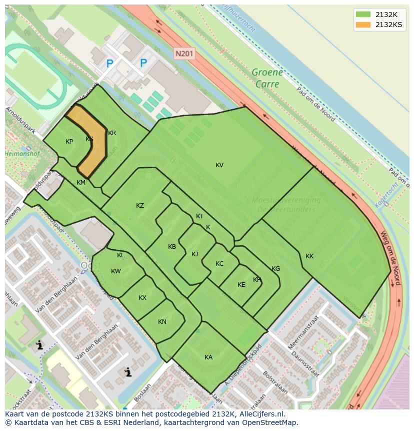 Afbeelding van het postcodegebied 2132 KS op de kaart.