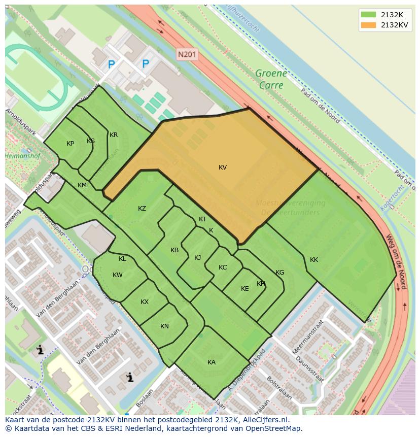 Afbeelding van het postcodegebied 2132 KV op de kaart.