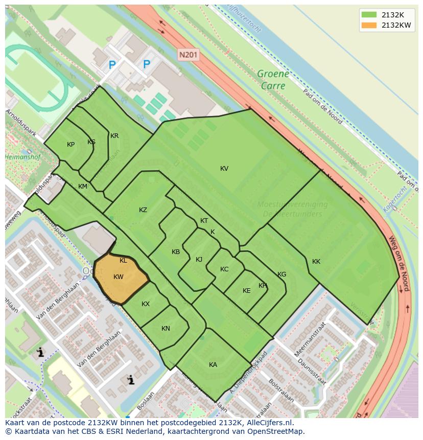 Afbeelding van het postcodegebied 2132 KW op de kaart.