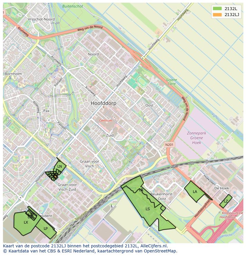 Afbeelding van het postcodegebied 2132 LJ op de kaart.