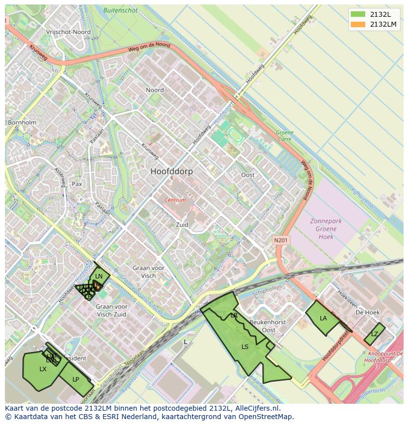 Afbeelding van het postcodegebied 2132 LM op de kaart.