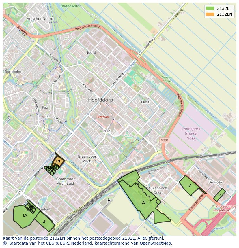 Afbeelding van het postcodegebied 2132 LN op de kaart.
