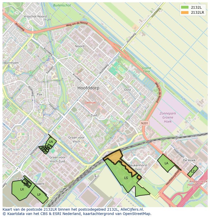 Afbeelding van het postcodegebied 2132 LR op de kaart.