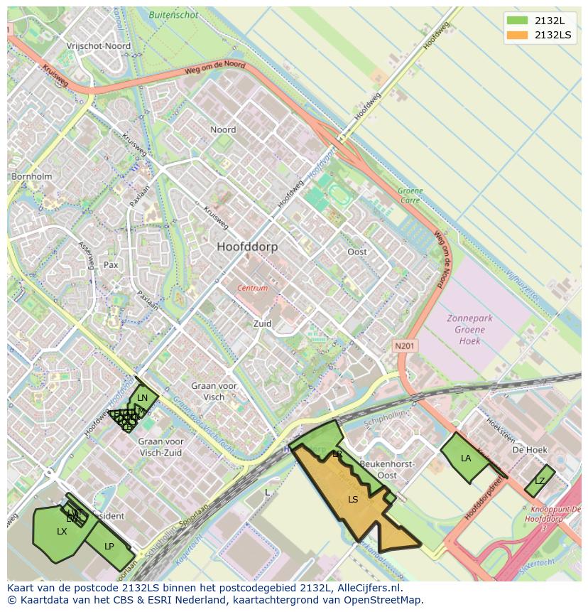 Afbeelding van het postcodegebied 2132 LS op de kaart.
