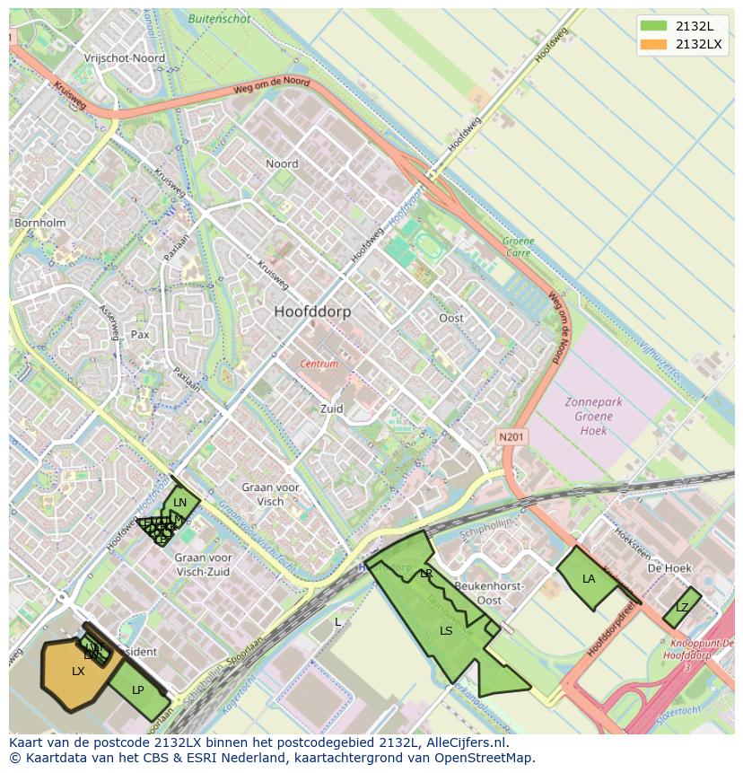 Afbeelding van het postcodegebied 2132 LX op de kaart.