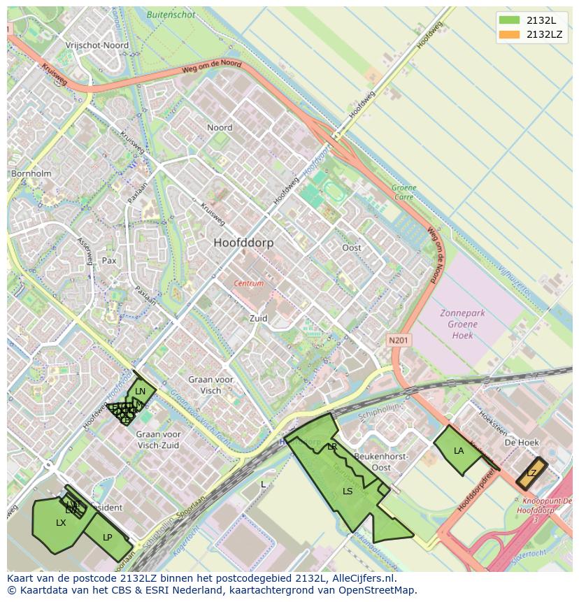 Afbeelding van het postcodegebied 2132 LZ op de kaart.