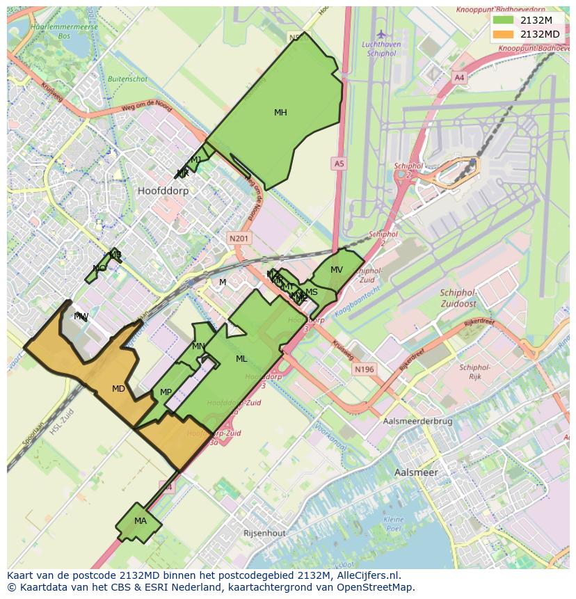 Afbeelding van het postcodegebied 2132 MD op de kaart.