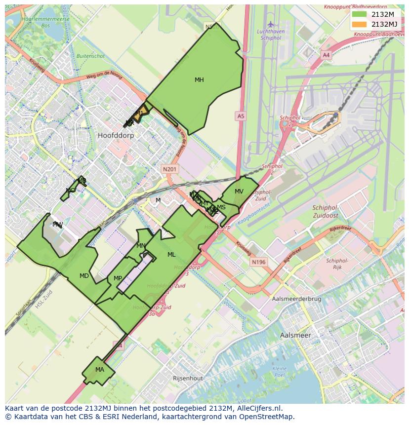 Afbeelding van het postcodegebied 2132 MJ op de kaart.