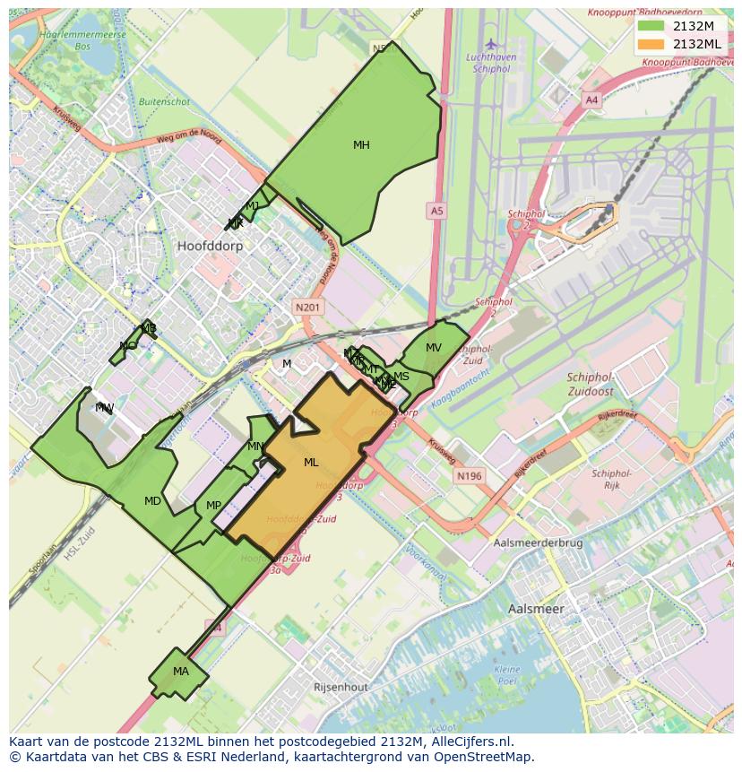 Afbeelding van het postcodegebied 2132 ML op de kaart.
