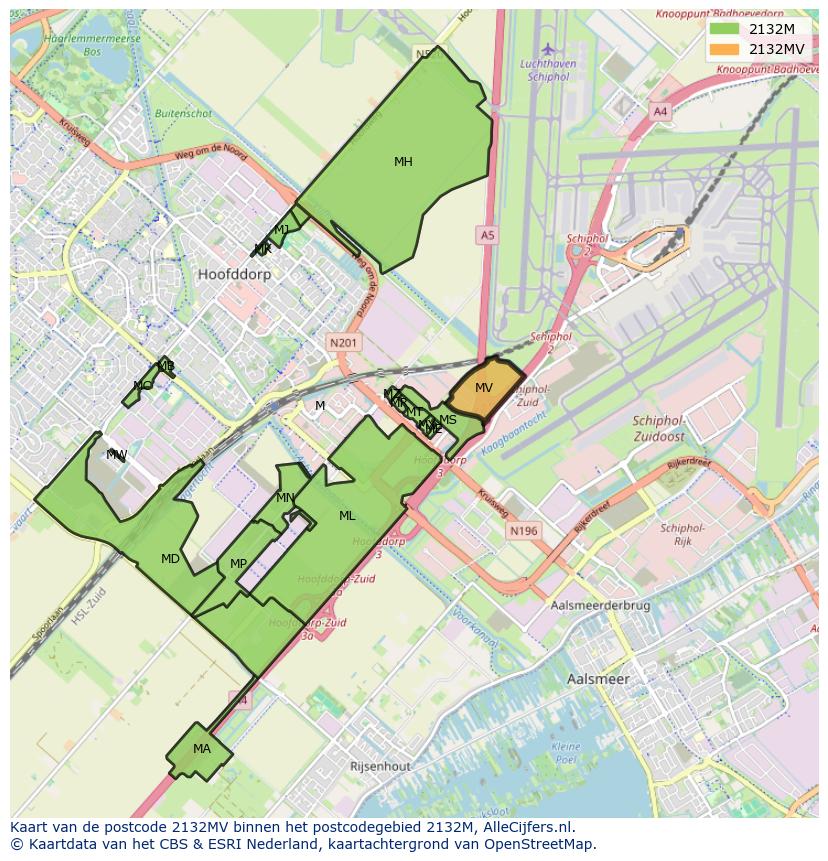 Afbeelding van het postcodegebied 2132 MV op de kaart.
