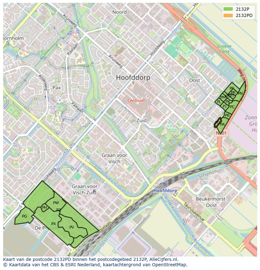 Afbeelding van het postcodegebied 2132 PD op de kaart.