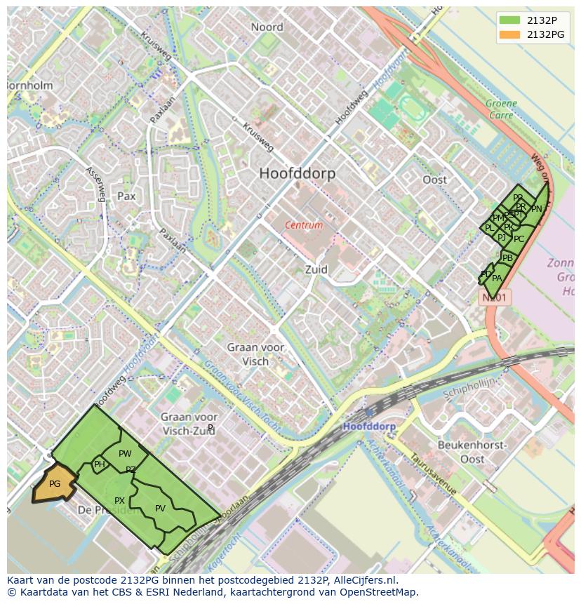 Afbeelding van het postcodegebied 2132 PG op de kaart.