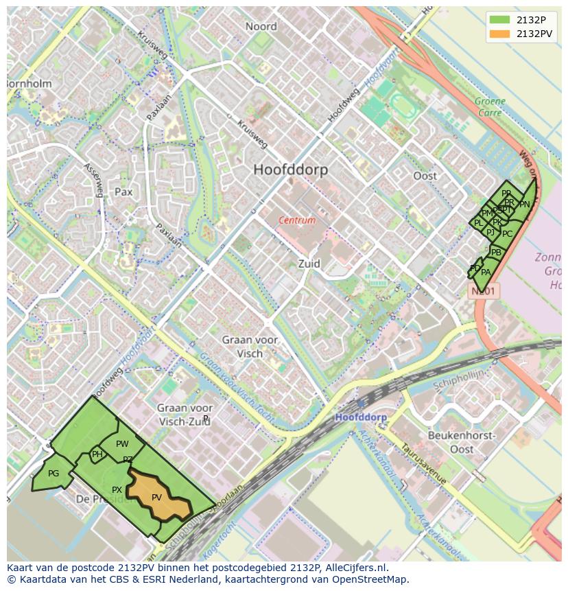 Afbeelding van het postcodegebied 2132 PV op de kaart.