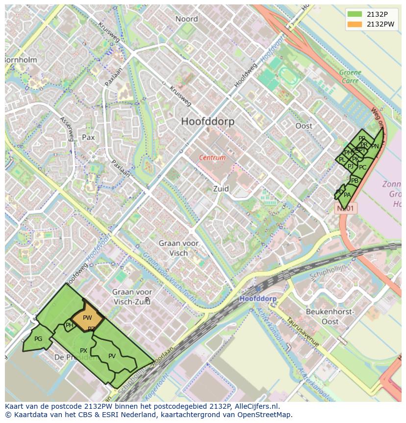 Afbeelding van het postcodegebied 2132 PW op de kaart.
