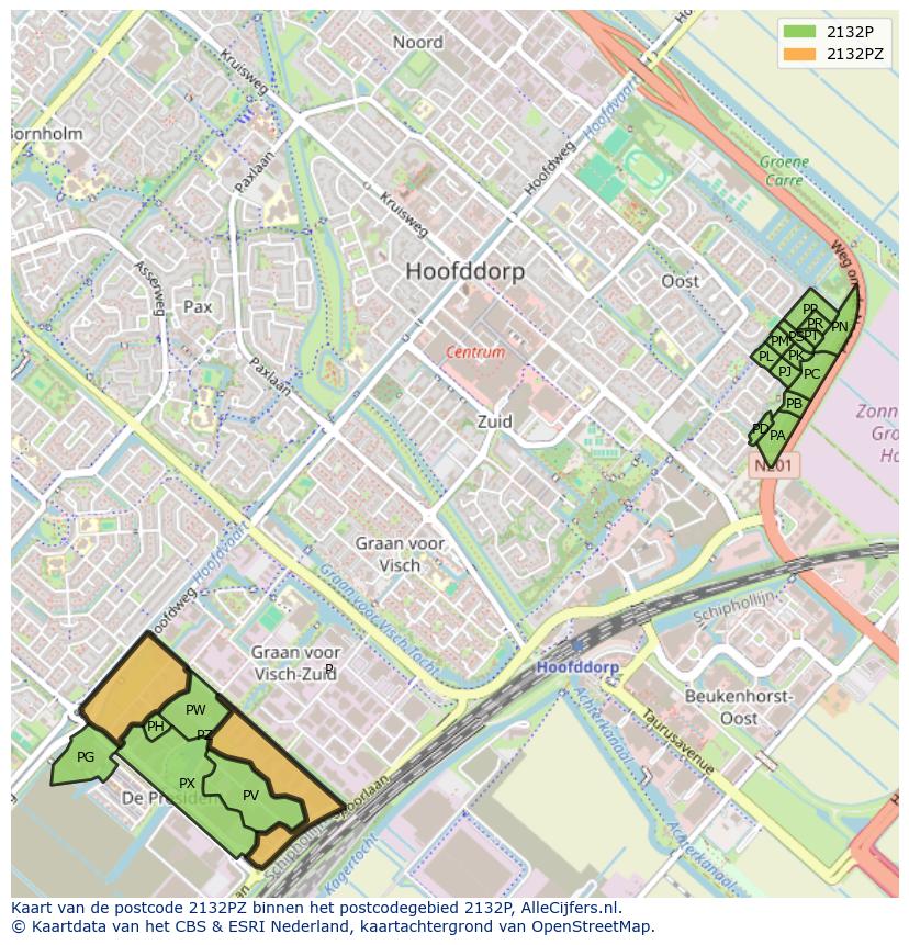 Afbeelding van het postcodegebied 2132 PZ op de kaart.
