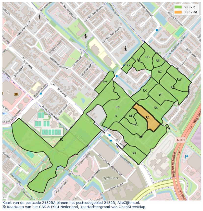 Afbeelding van het postcodegebied 2132 RA op de kaart.