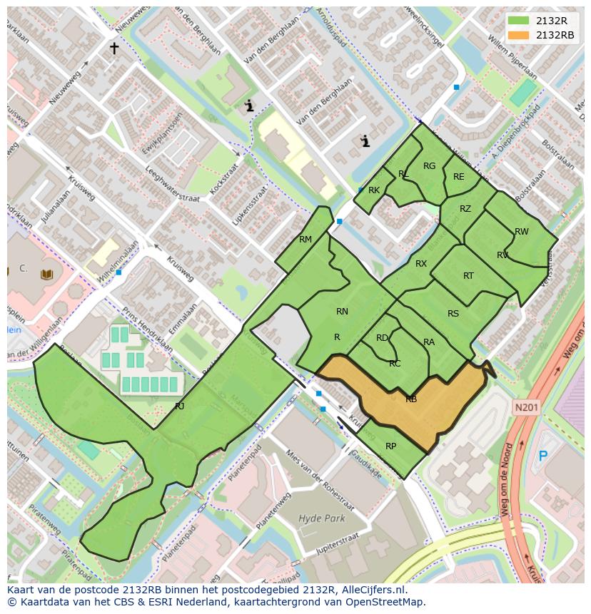 Afbeelding van het postcodegebied 2132 RB op de kaart.