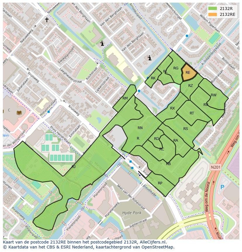 Afbeelding van het postcodegebied 2132 RE op de kaart.