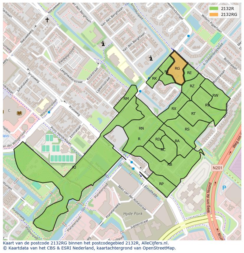 Afbeelding van het postcodegebied 2132 RG op de kaart.