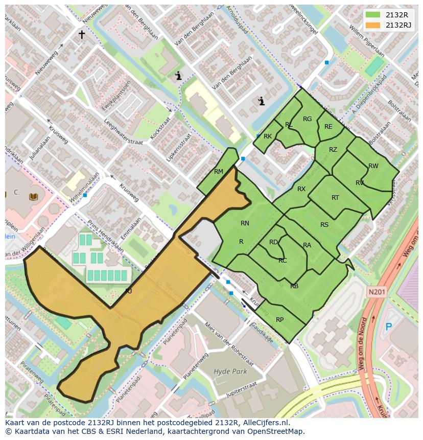 Afbeelding van het postcodegebied 2132 RJ op de kaart.