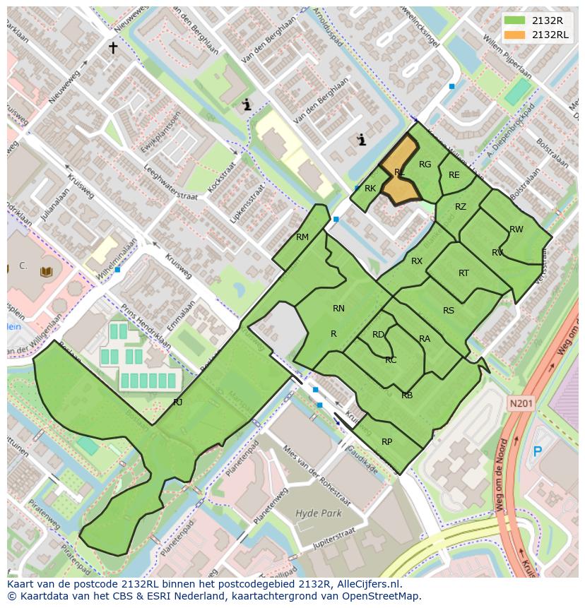 Afbeelding van het postcodegebied 2132 RL op de kaart.