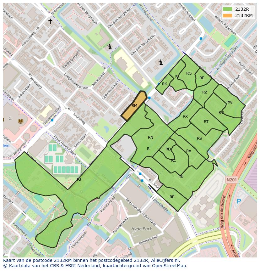 Afbeelding van het postcodegebied 2132 RM op de kaart.