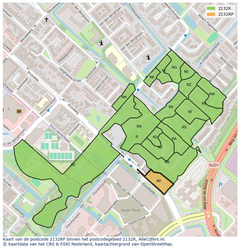 Afbeelding van het postcodegebied 2132 RP op de kaart.