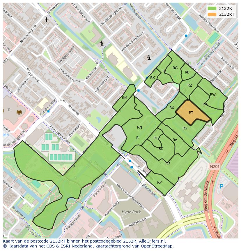Afbeelding van het postcodegebied 2132 RT op de kaart.