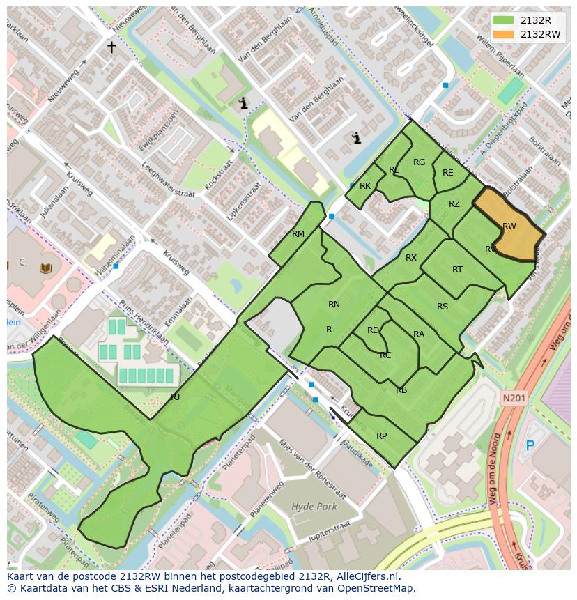 Afbeelding van het postcodegebied 2132 RW op de kaart.