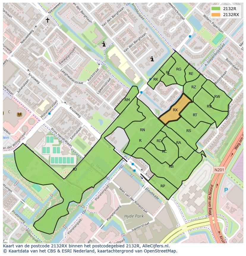 Afbeelding van het postcodegebied 2132 RX op de kaart.