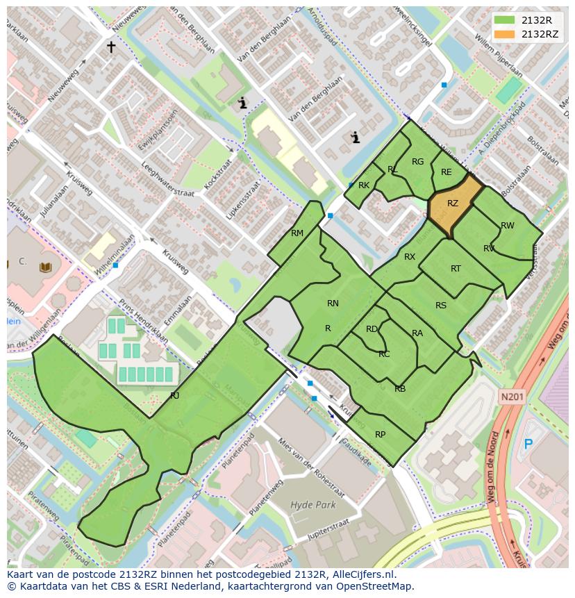 Afbeelding van het postcodegebied 2132 RZ op de kaart.