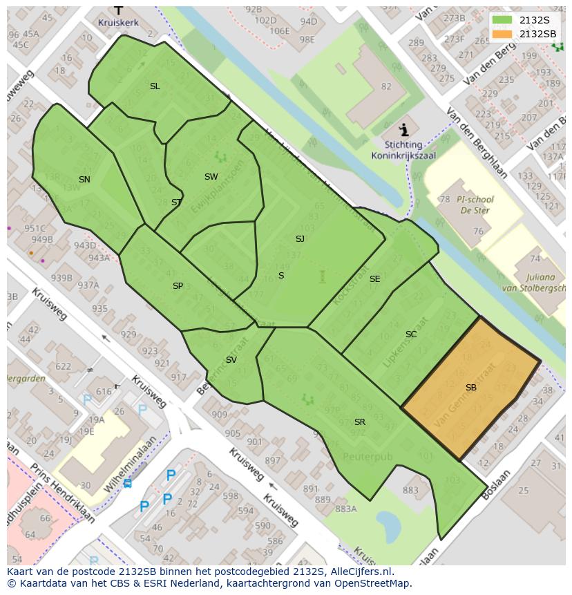 Afbeelding van het postcodegebied 2132 SB op de kaart.