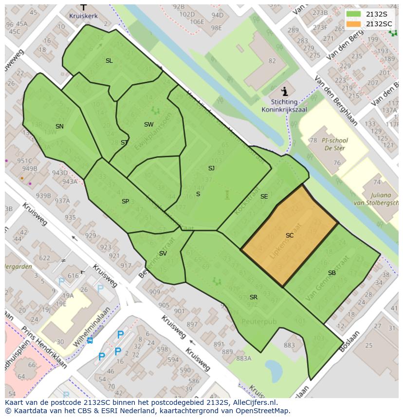 Afbeelding van het postcodegebied 2132 SC op de kaart.