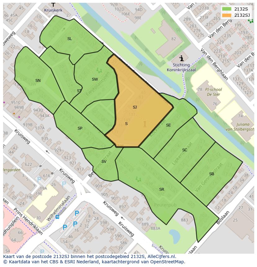 Afbeelding van het postcodegebied 2132 SJ op de kaart.