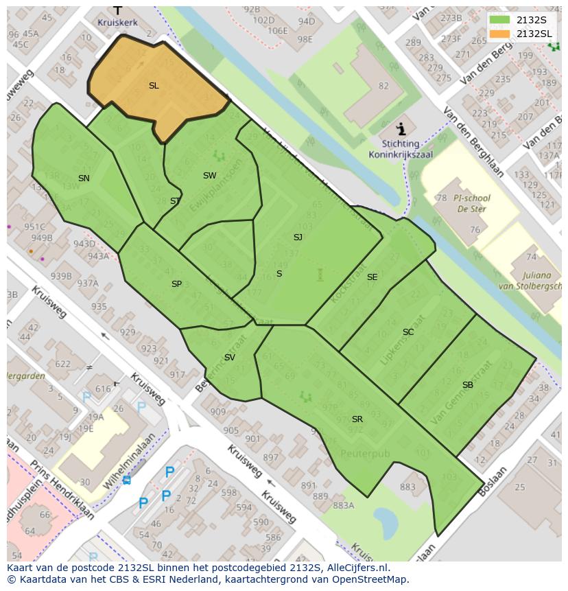 Afbeelding van het postcodegebied 2132 SL op de kaart.