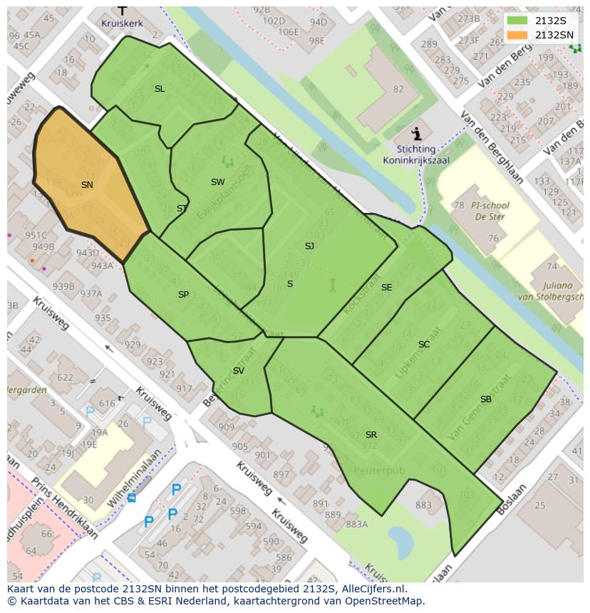 Afbeelding van het postcodegebied 2132 SN op de kaart.