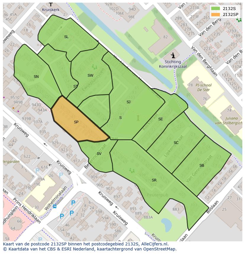 Afbeelding van het postcodegebied 2132 SP op de kaart.
