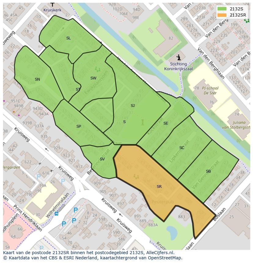 Afbeelding van het postcodegebied 2132 SR op de kaart.